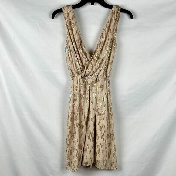 Express Tan Gold Deep V Neck Sleeveless Dress w Sequins XS - Picture 2 of 11